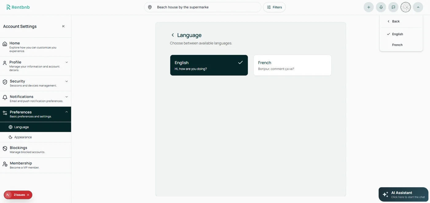 Language selection between English and French