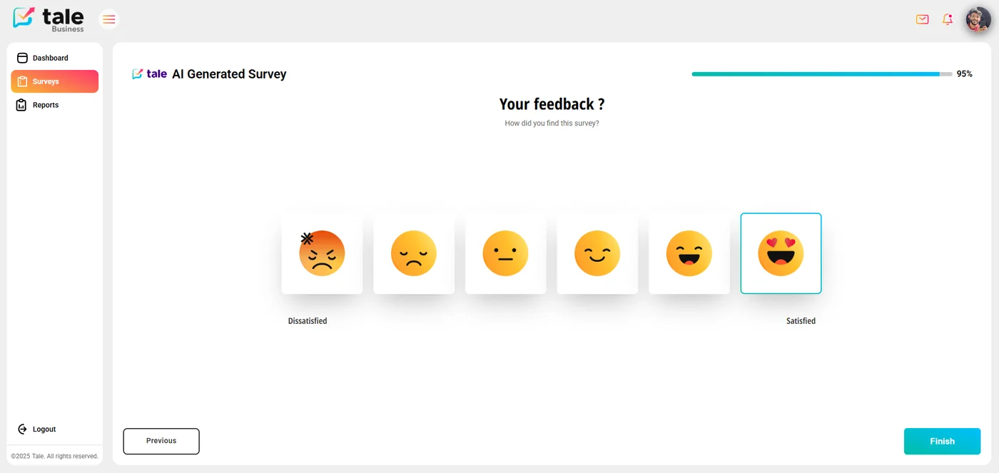 Survey respondent view — emoji satisfaction rating at 95% progress