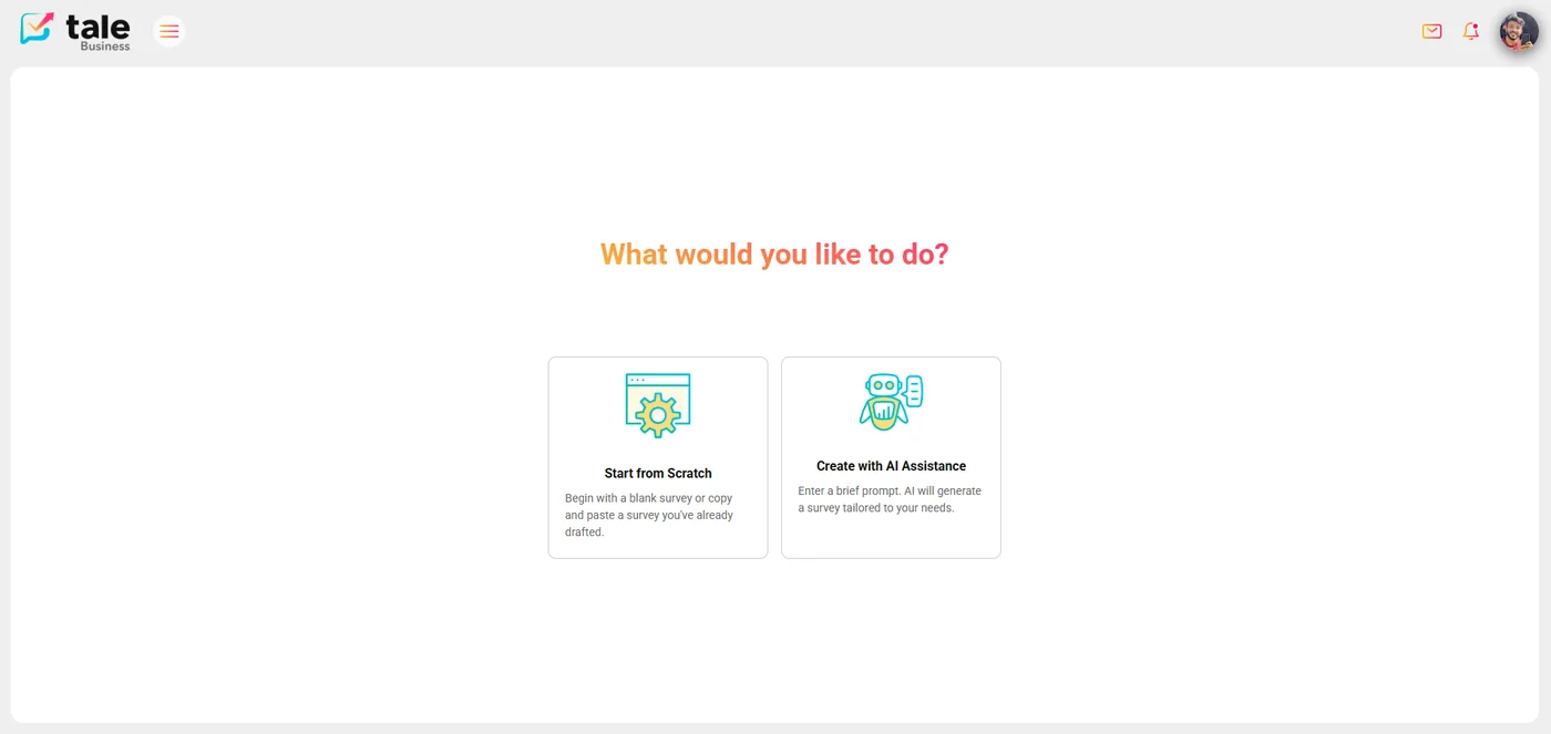 Survey creation mode selection — ‘Start from Scratch’ vs ‘Create with AI Assistance’