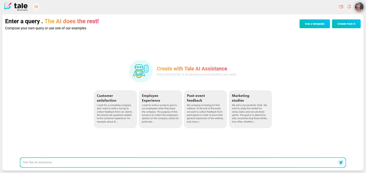 AI survey generation page — prompt input with example templates
