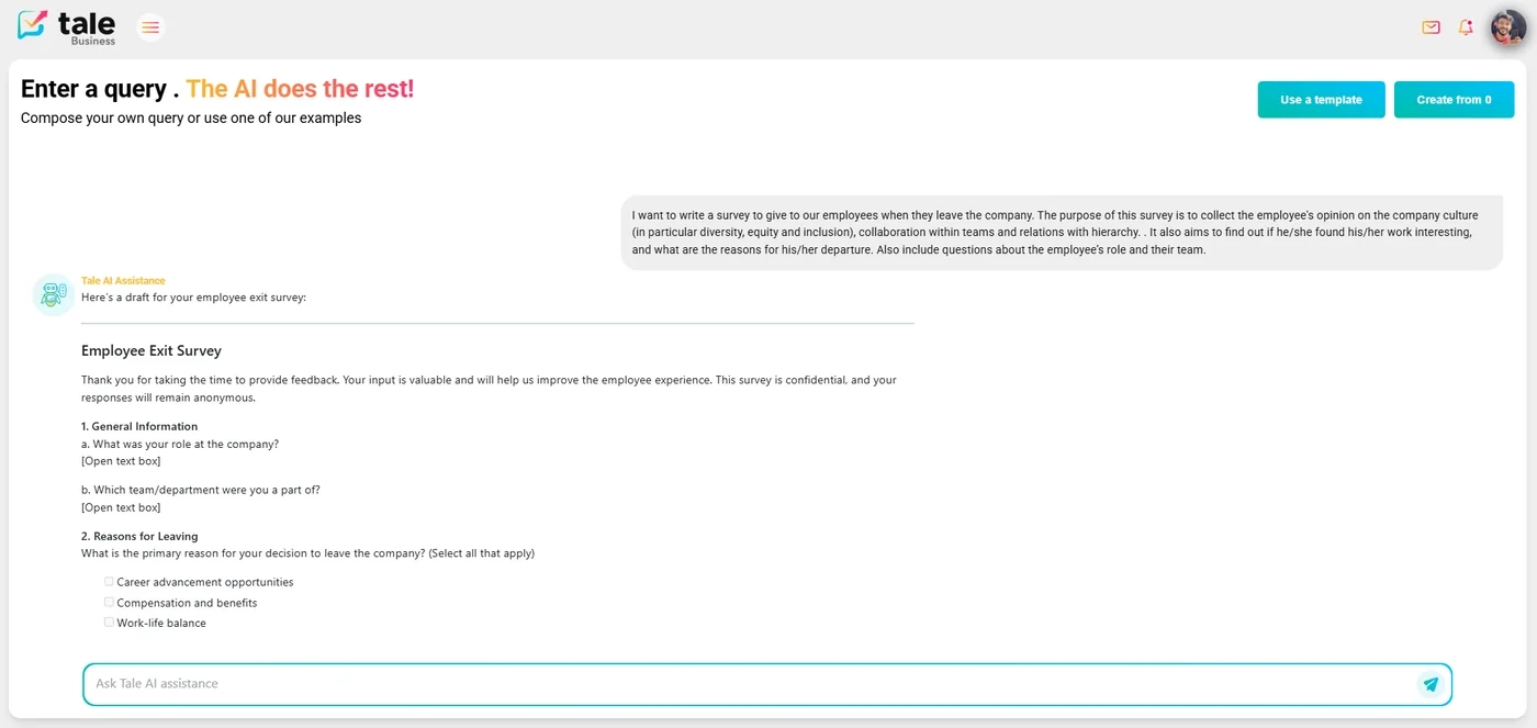 AI chat response showing a fully generated Employee Exit Survey