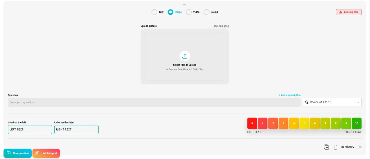 Question builder — image media type with 0–10 numeric scale answer