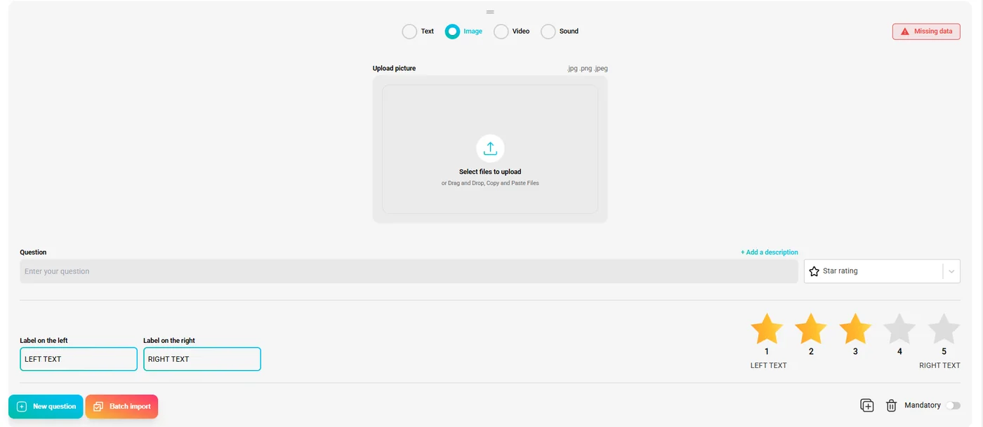 Question builder — image media type with star rating answer