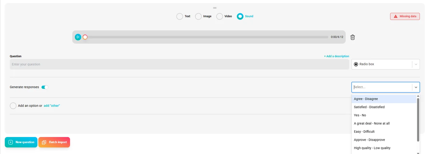 Question builder — audio media type with AI-assisted response generation
