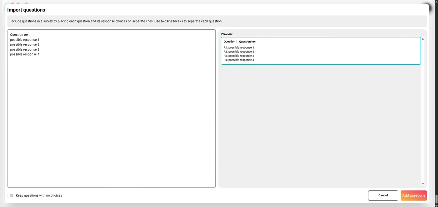 Batch import modal — paste questions in plain text, preview parsed result on the right
