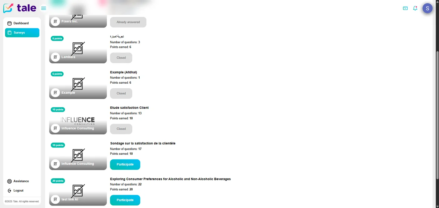 Standard user survey list — surveys show point rewards before participation