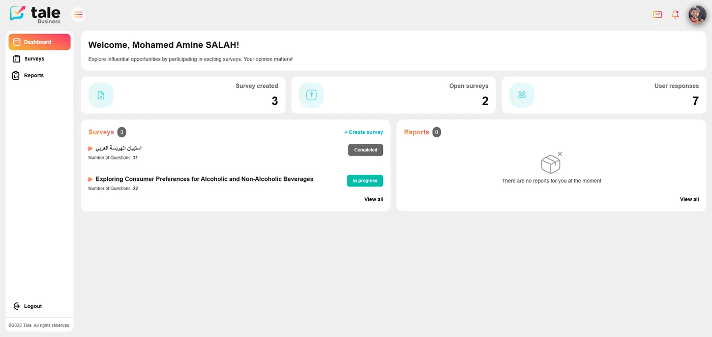Company dashboard showing survey count, open surveys, and total user responses