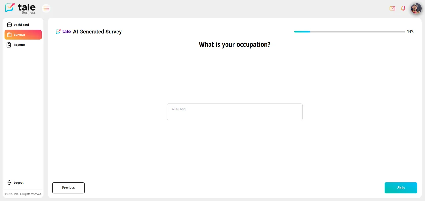 Survey respondent view — open text question at 14% progress
