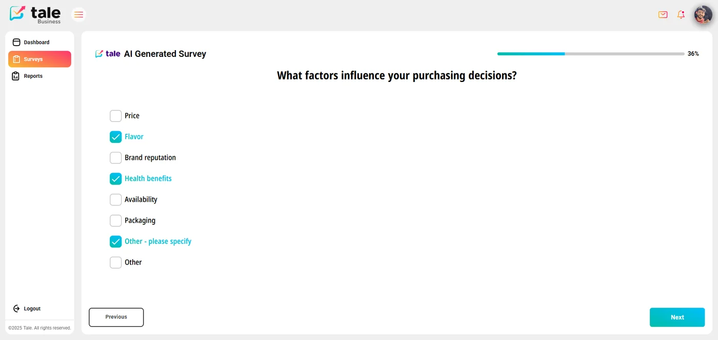 Survey respondent view — checkbox question at 36% progress